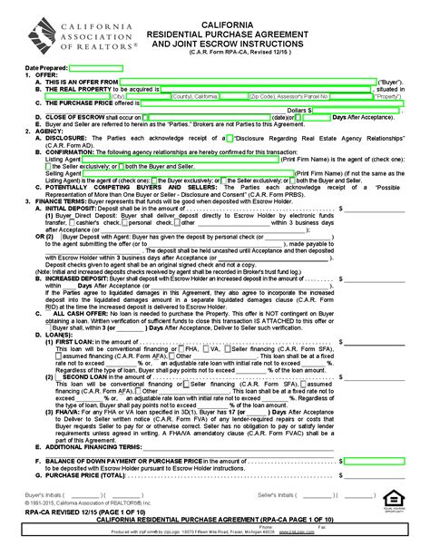 " b. . California residential purchase agreement and joint escrow instructions 2022 form